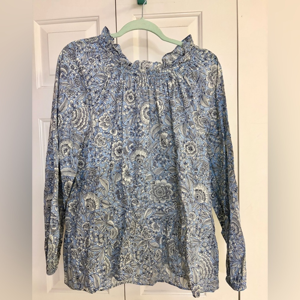 Talbots Blue and White Floral Smocked-Neck Blouse